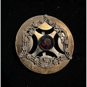 Antique Victorian Sash Buckle Round 3" Brass Amethyst